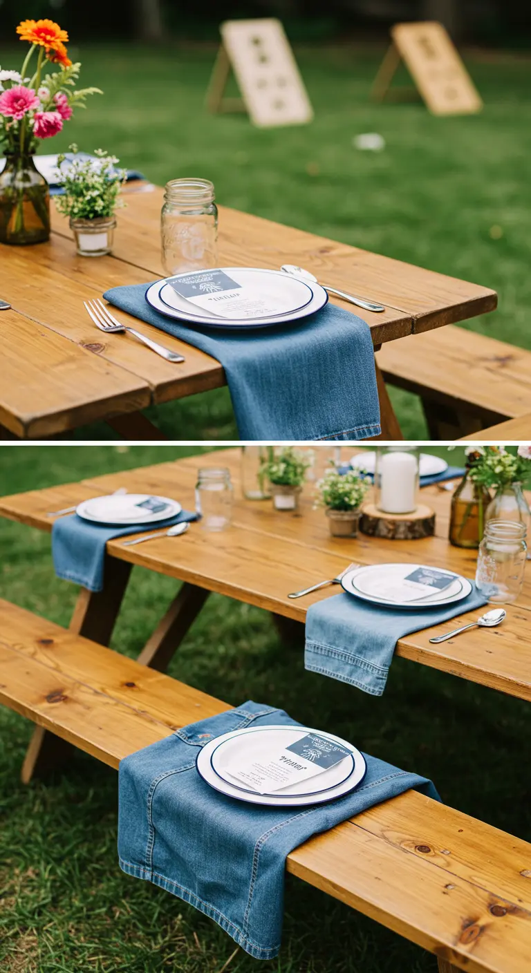 Serviettes en jean drapées sur une table de pique-nique en bois.