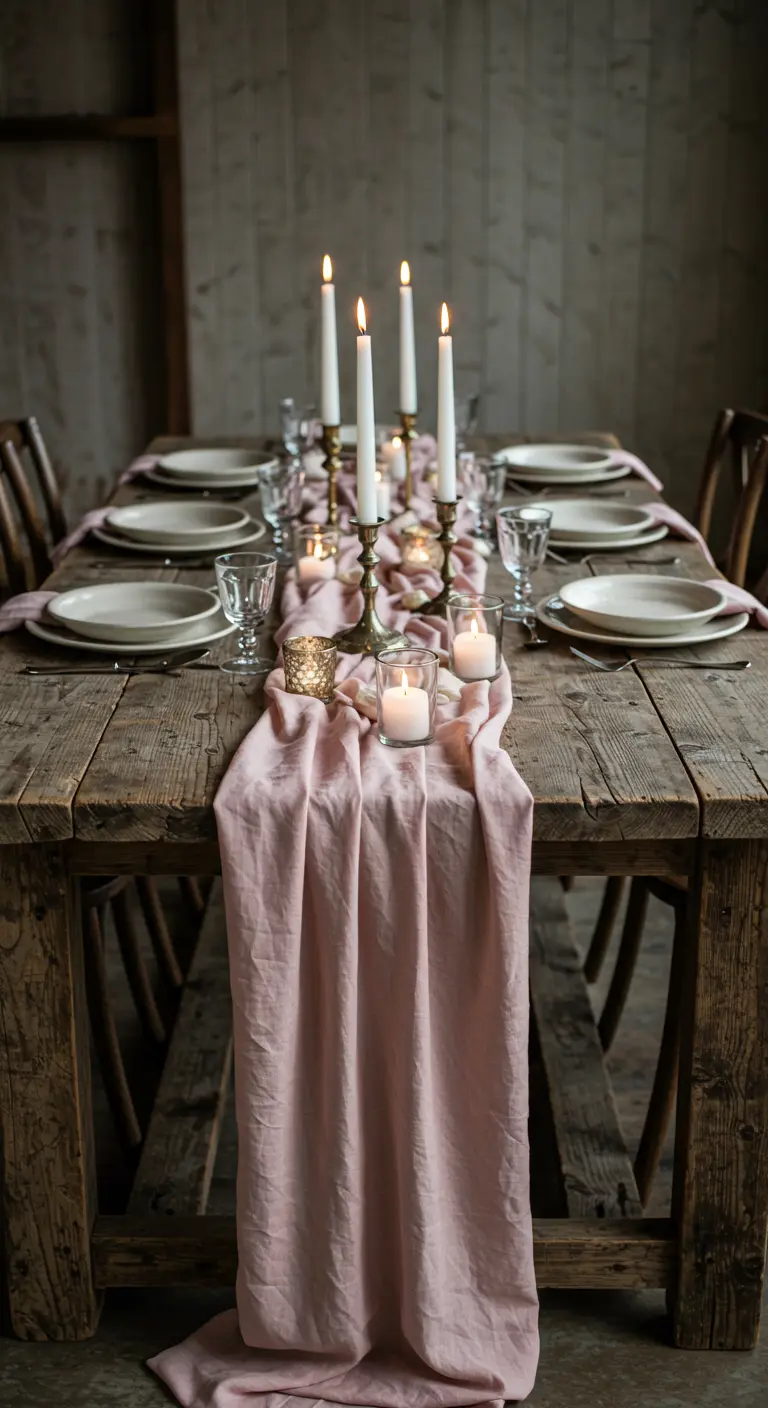 Table rustique en bois avec un chemin de table en lin rose drapé.