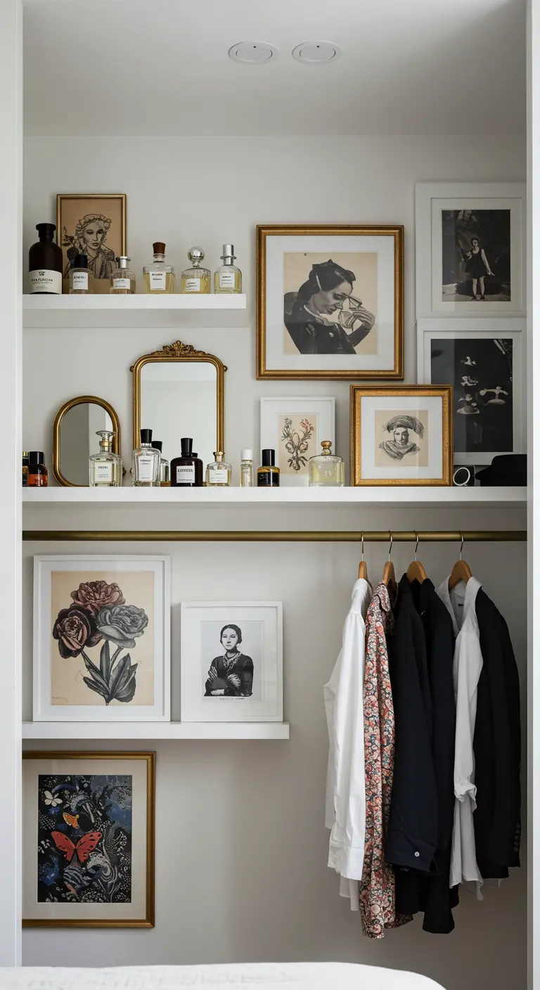Étagères de placard décorées avec des cadres, des miroirs et des flacons de parfum.