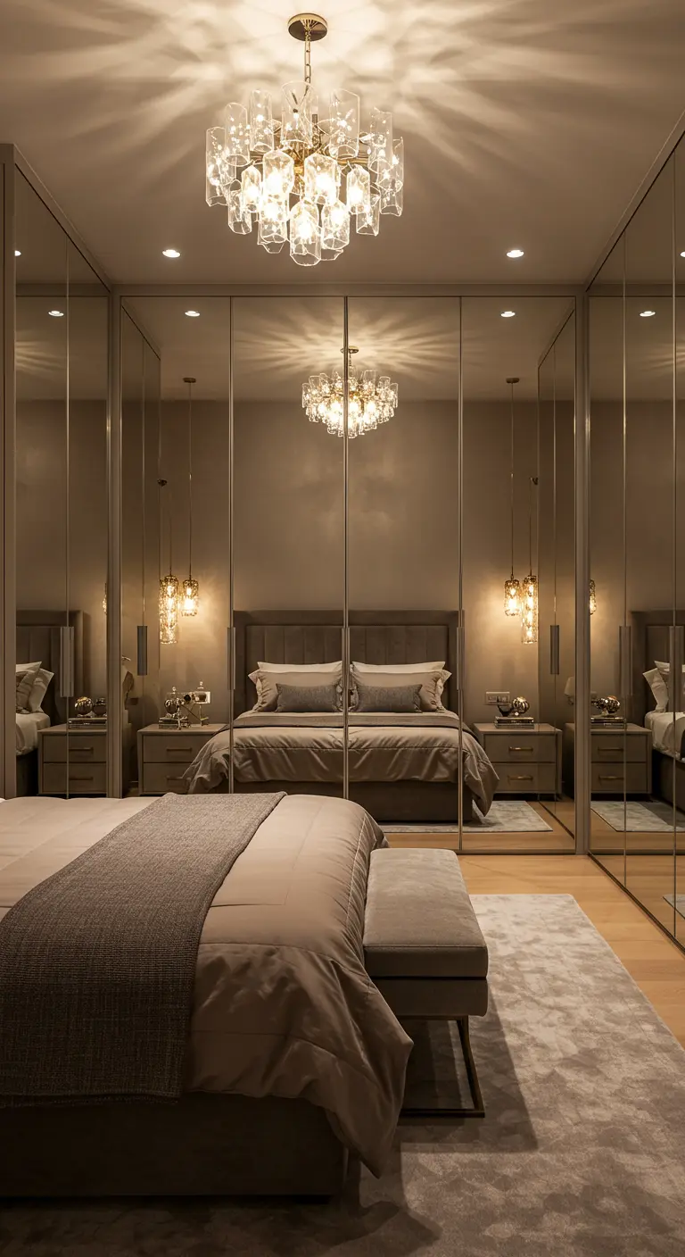 Chambre luxueuse avec un grand dressing aux portes miroir reflétant un lit et un lustre en cristal.