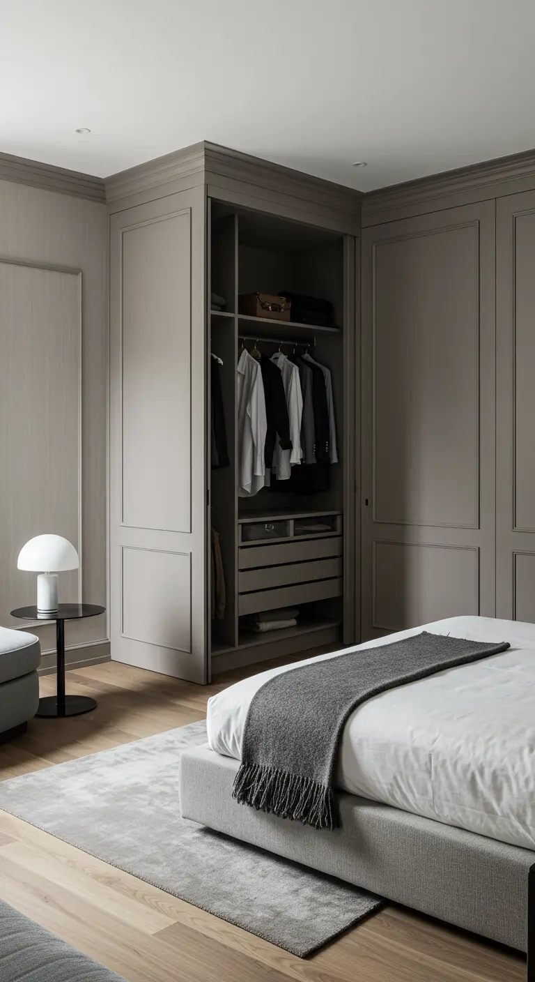 Dressing gris avec une section ouverte sans portes pour les vêtements sur cintres.