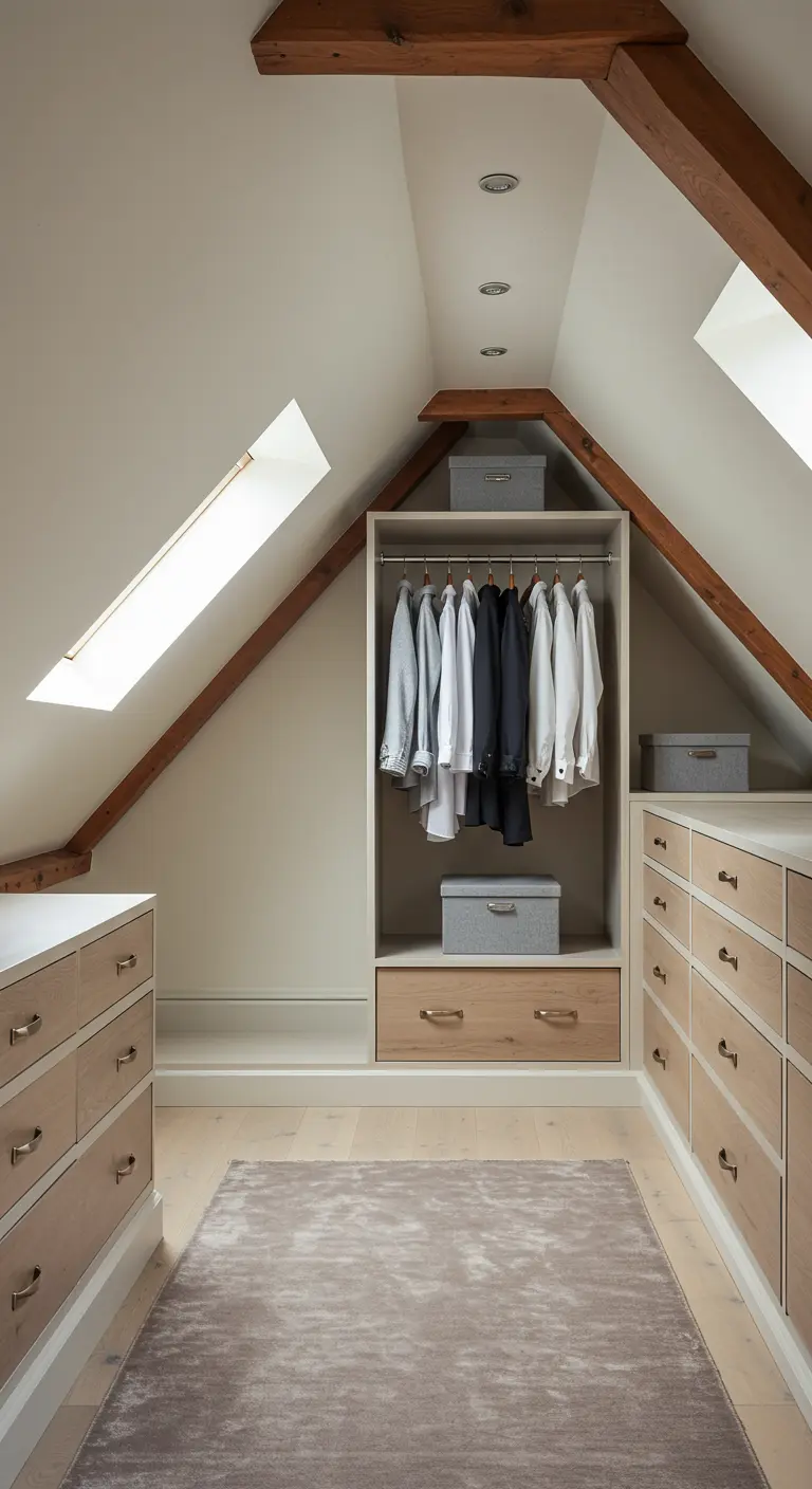 Dressing aménagé sous les combles avec des meubles bas et une penderie qui suivent la pente du toit.