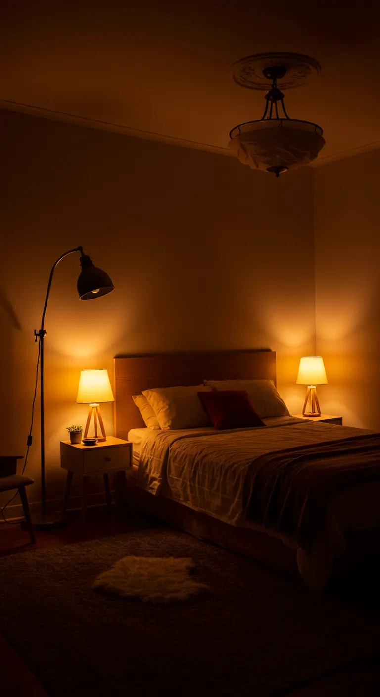 Une chambre à coucher avec deux lampes de chevet identiques éclairant doucement l'espace.