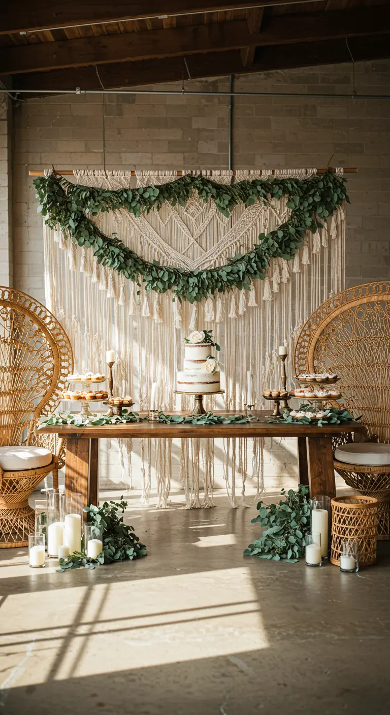 Une tenture murale en macramé décorée d'une guirlande d'eucalyptus derrière une table de gâteaux.
