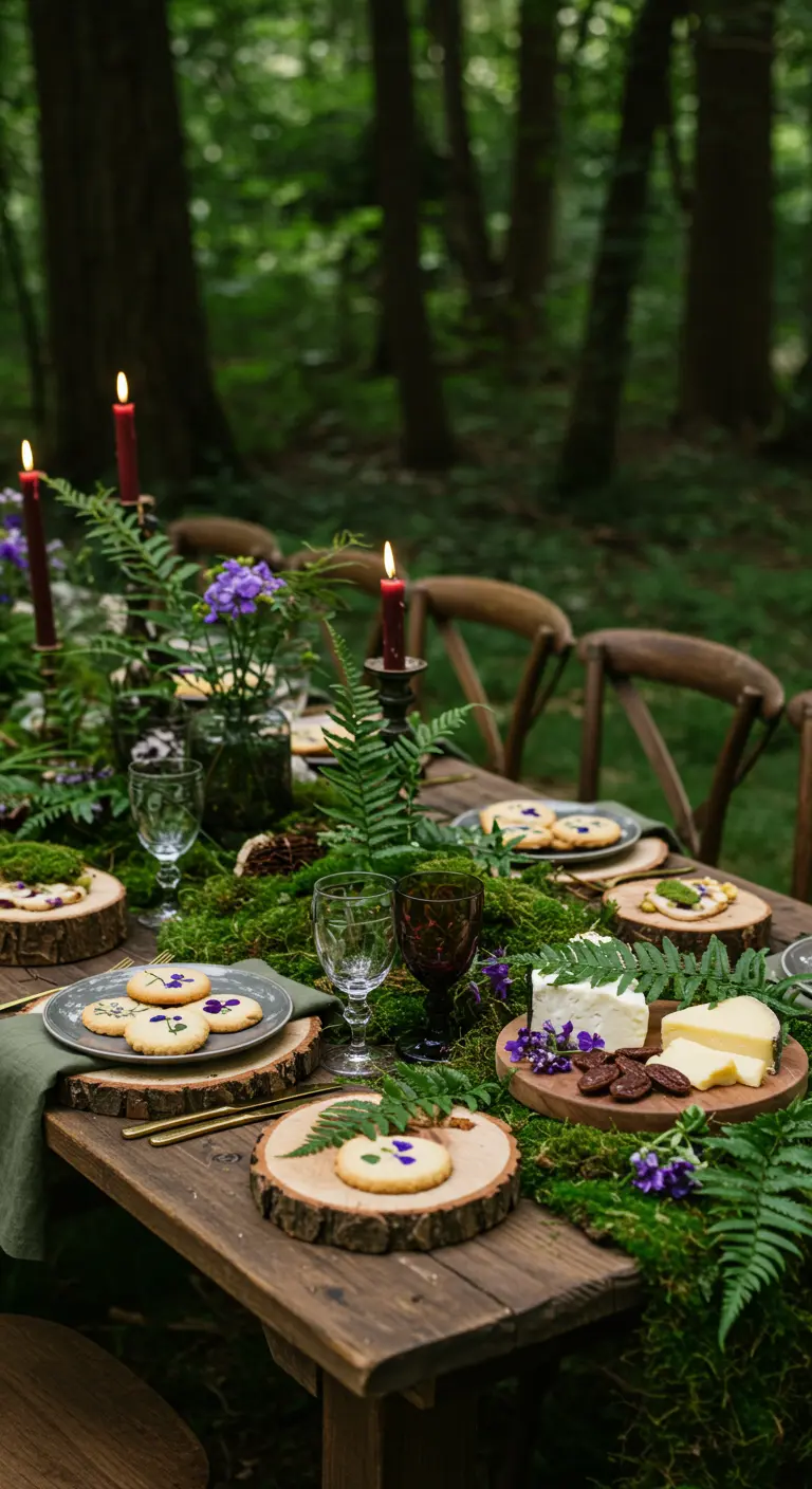 Table de brunch dans une forêt avec mousse, rondins de bois et biscuits aux pensées.
