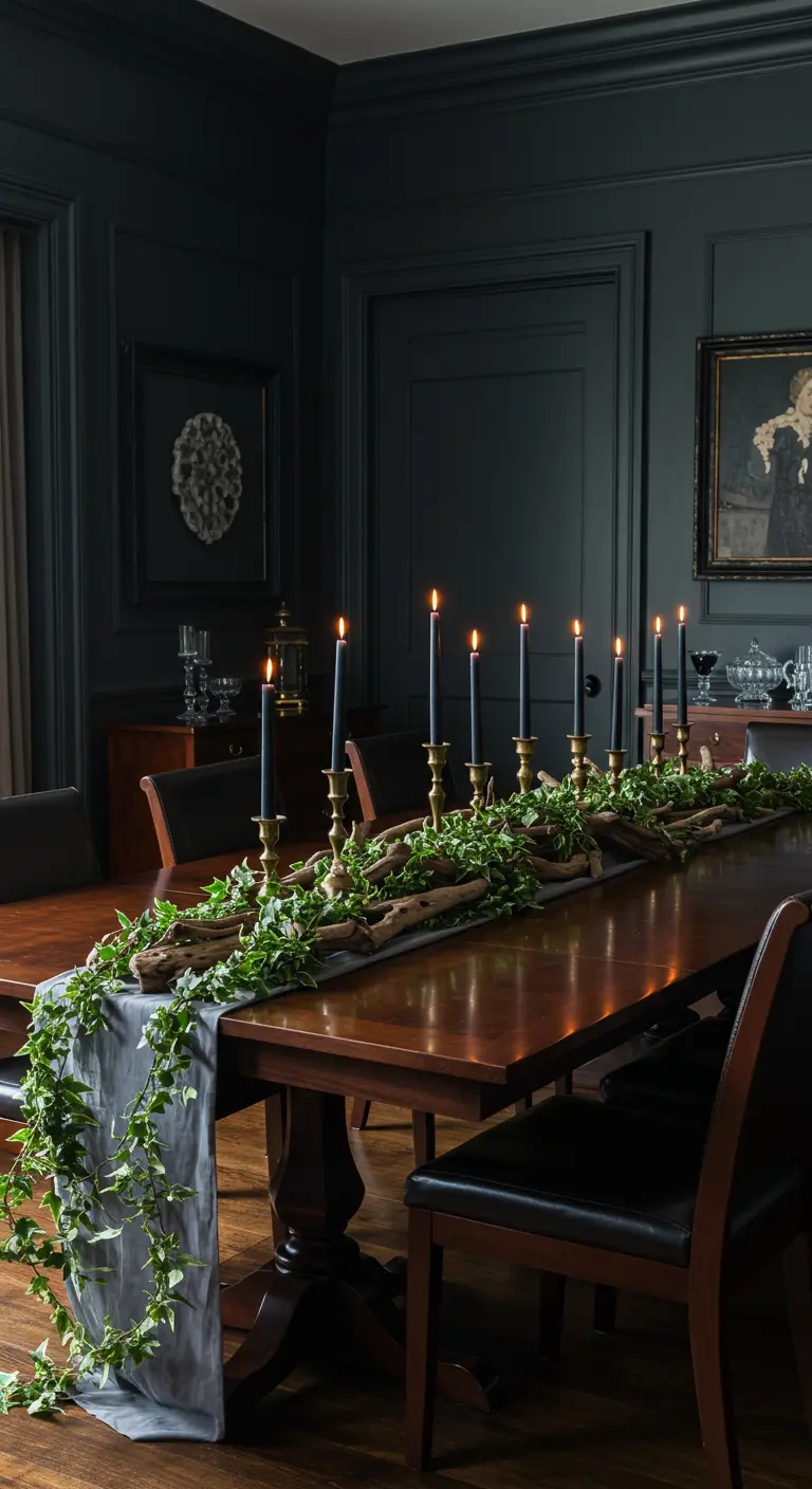 Longue table de banquet avec chemin de lierre, bois flotté et hautes bougies noires.