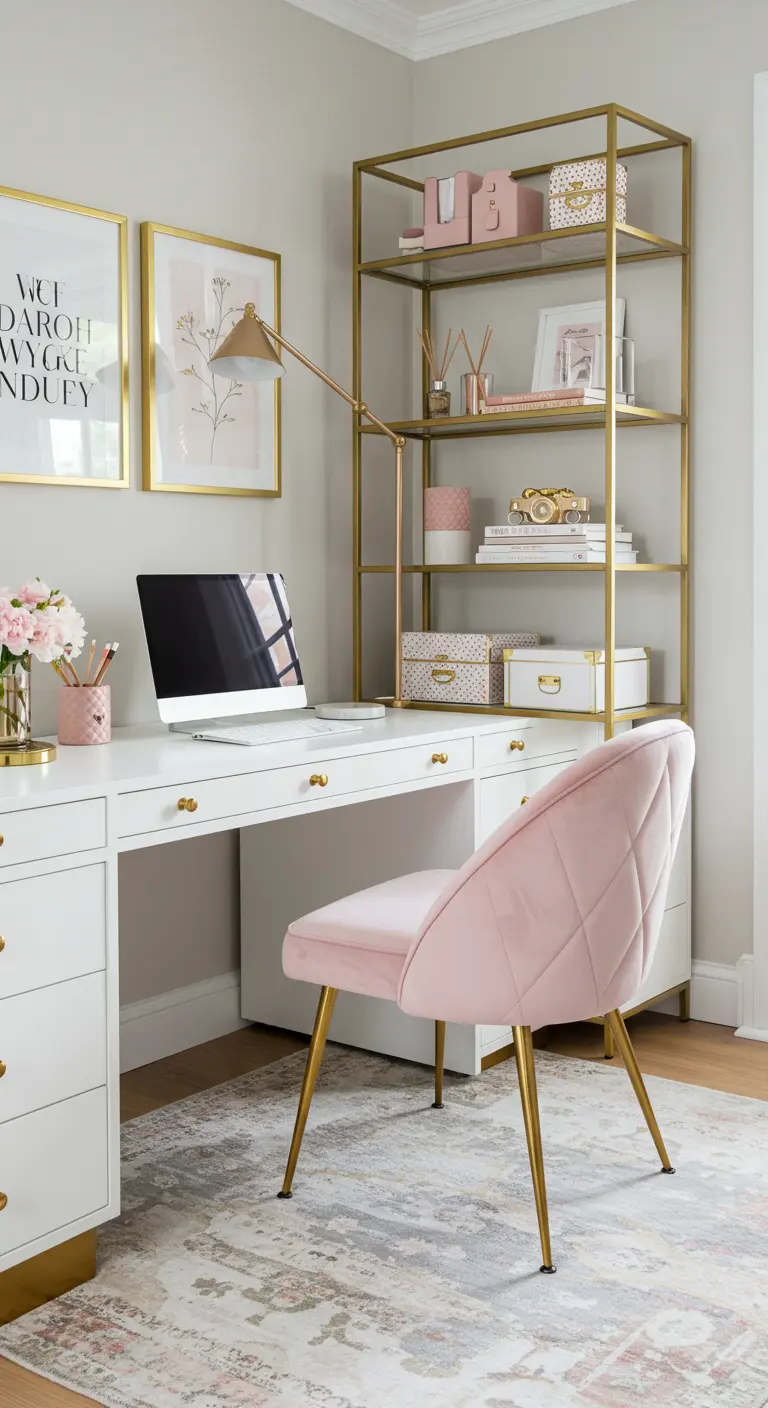 Bureau blanc et or avec une chaise en velours rose et une étagère dorée.