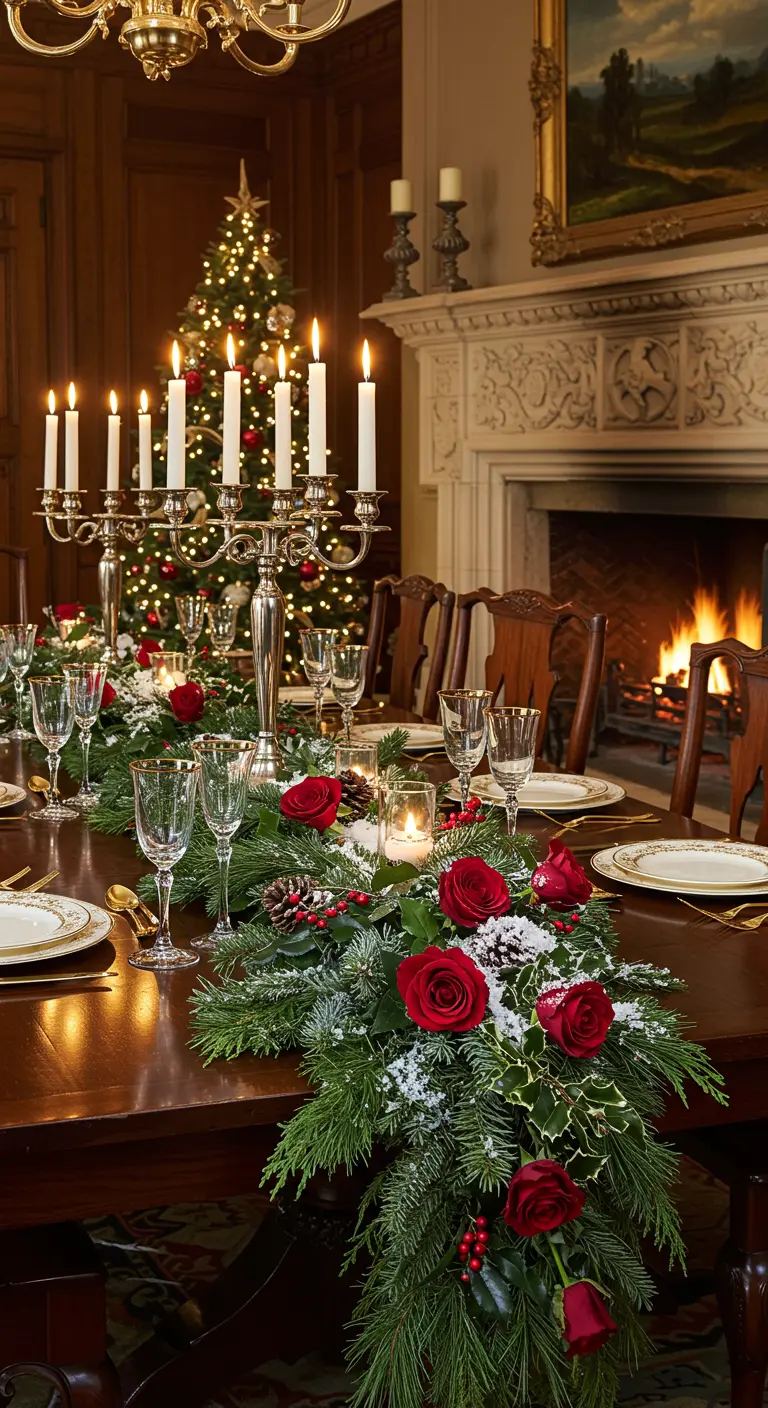 Centre de table de Noël avec roses rouges, sapin et chandeliers.