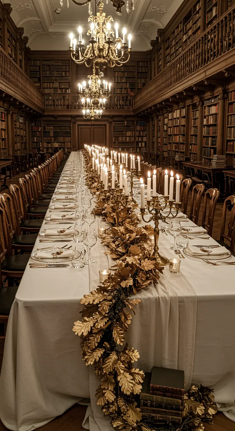 Très longue table de banquet dans une bibliothèque avec une guirlande de feuilles dorées.