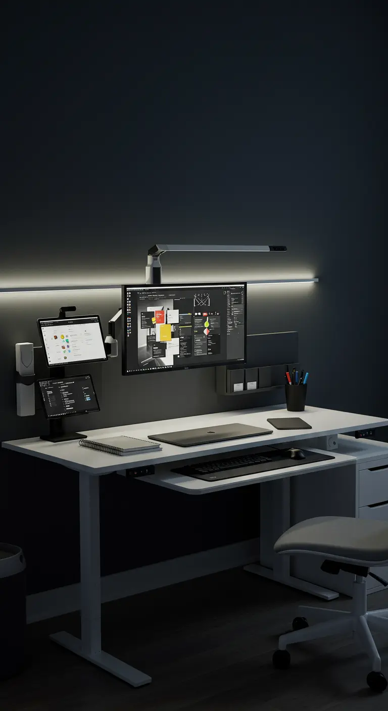 Setup de bureau high-tech avec plusieurs écrans, éclairage LED et bureau réglable.