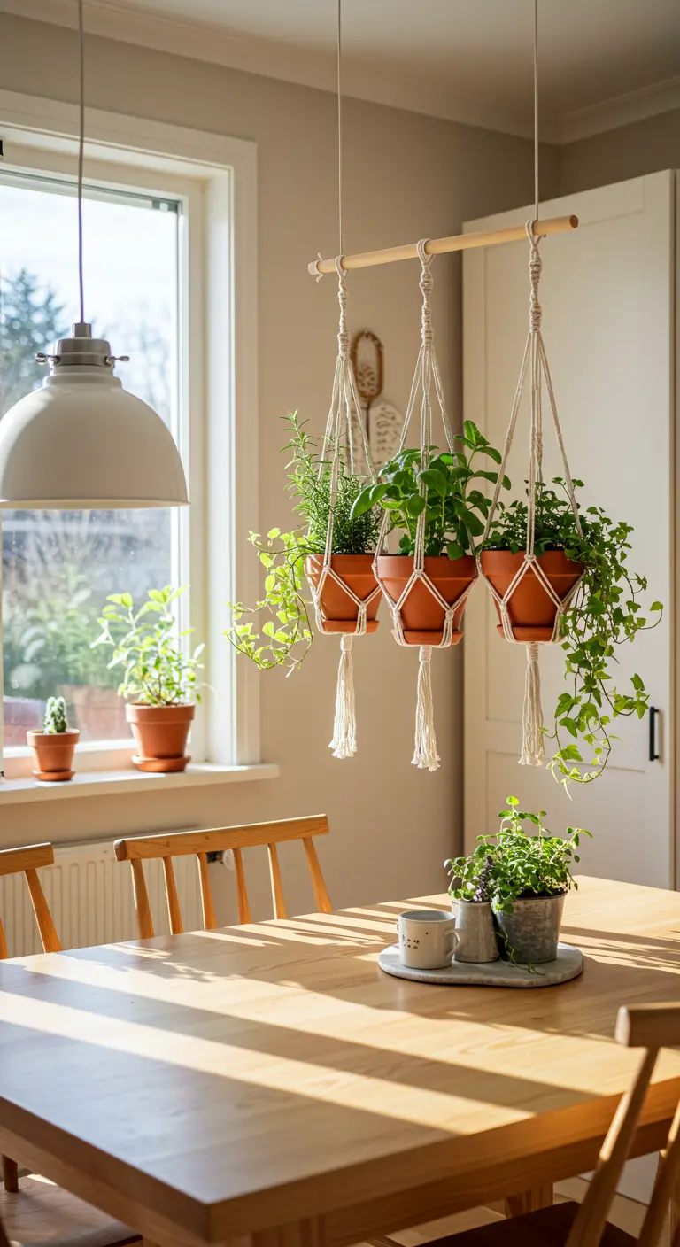 Trois pots de plantes en terre cuite dans des suspensions en macramé au-dessus d'une table.
