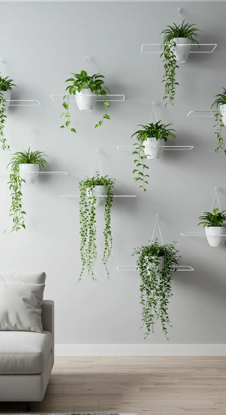 Mur blanc avec de multiples supports métalliques blancs supportant des plantes vertes à différentes hauteurs.