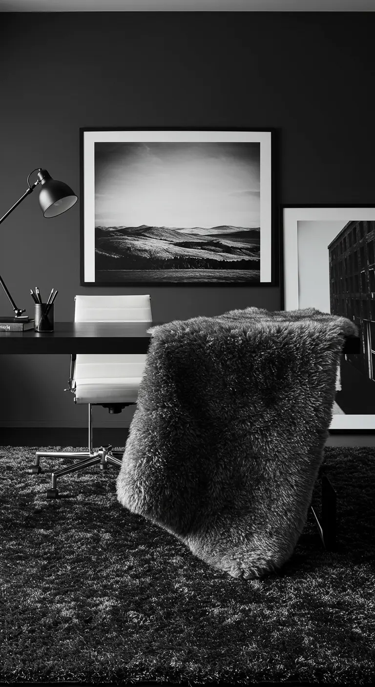Bureau monochrome noir avec une peau de mouton grise drapée sur la chaise.