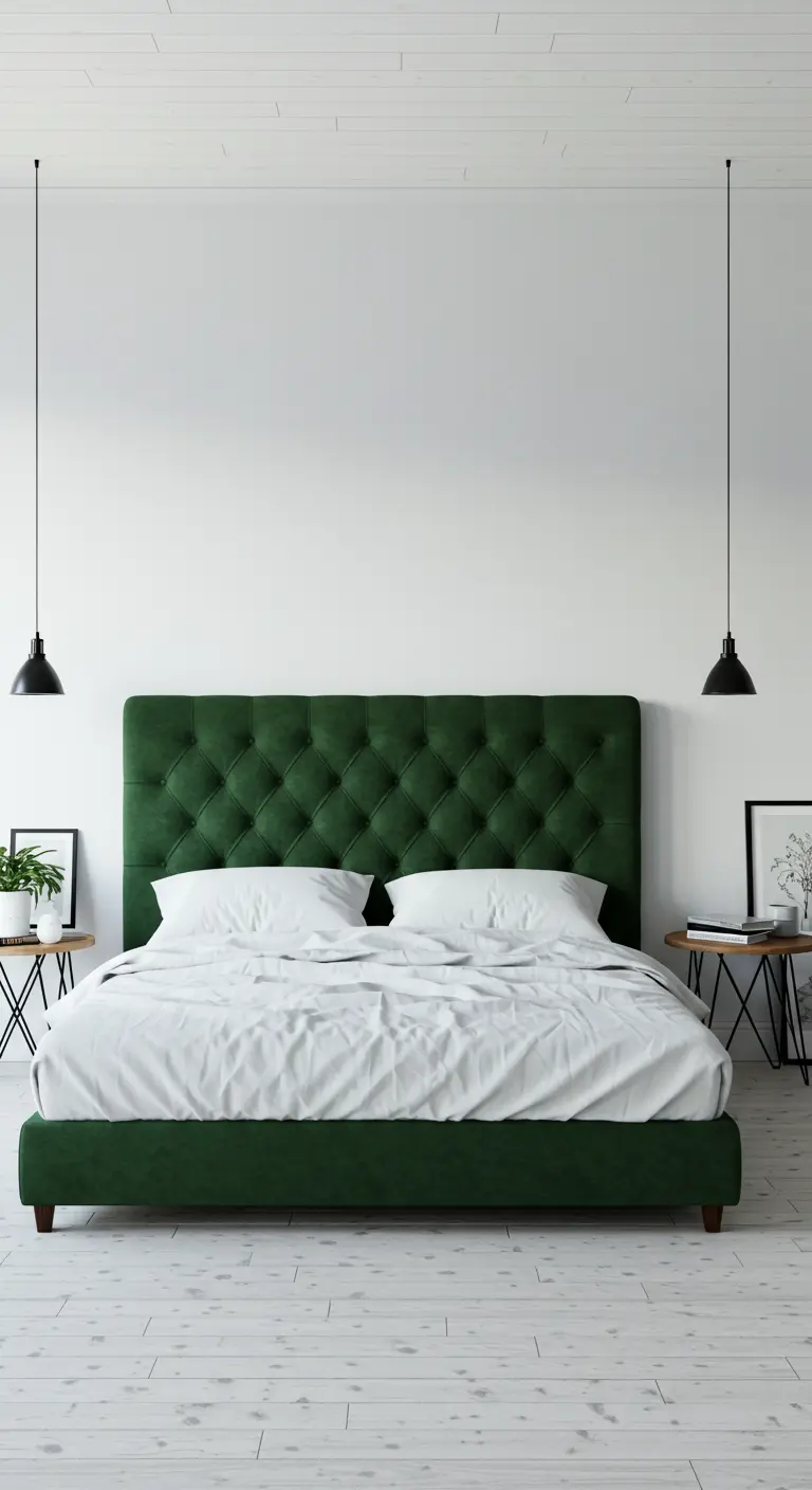 Tête de lit capitonnée en velours vert émeraude dans une chambre blanche.