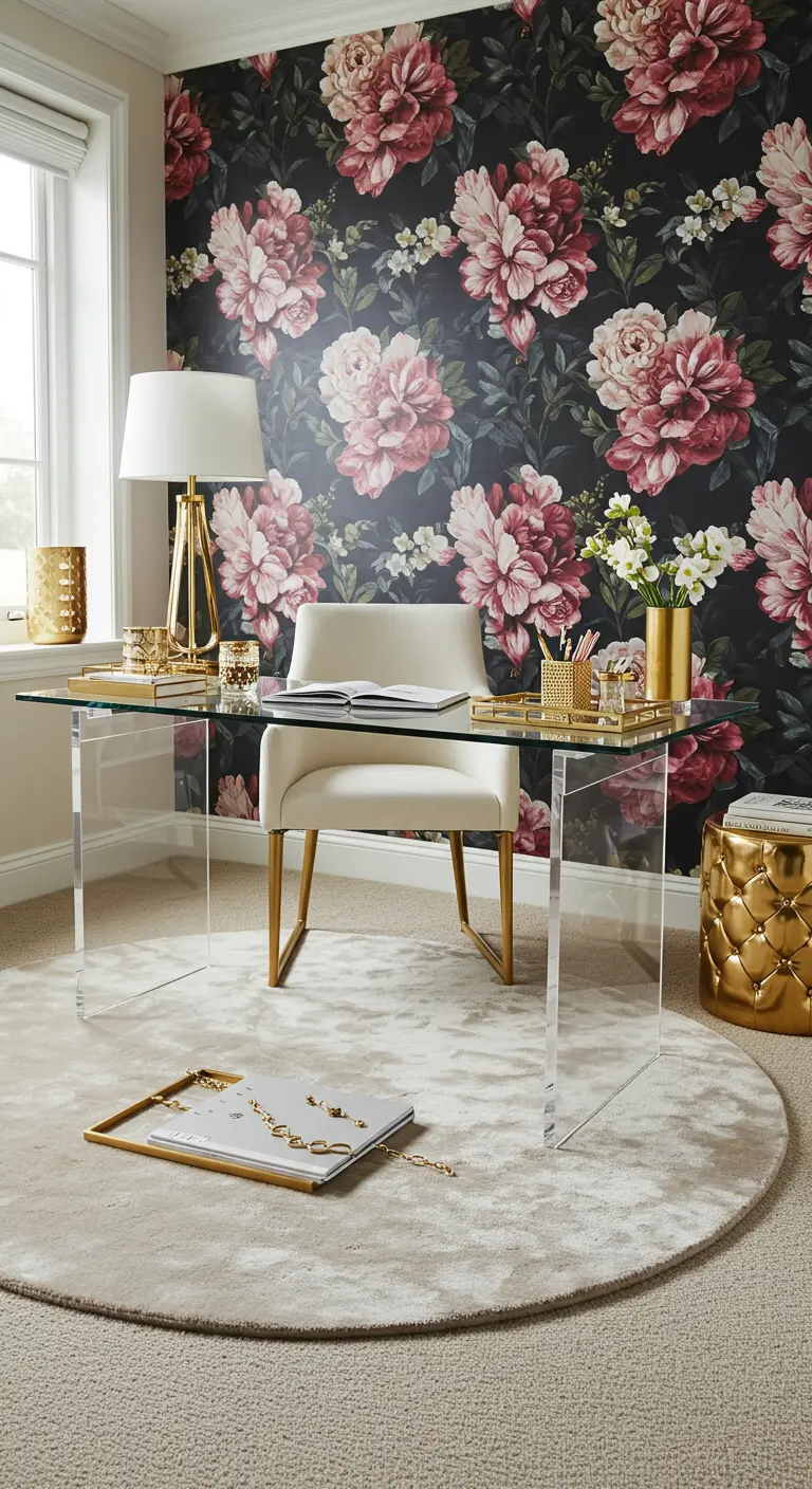 Bureau élégant en verre et laiton placé devant un mur d'accent avec un papier peint floral sombre et romantique.