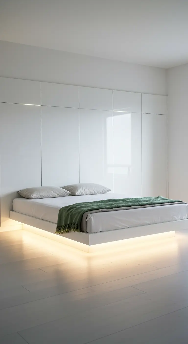 Lit flottant blanc avec un éclairage LED intégré en dessous.