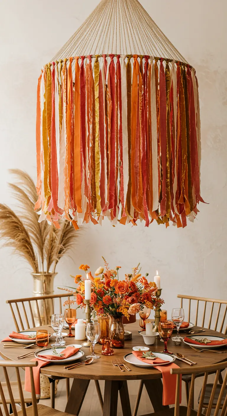 Lustre DIY fait de rubans orange, rouge et or suspendu au-dessus d'une table de fête.
