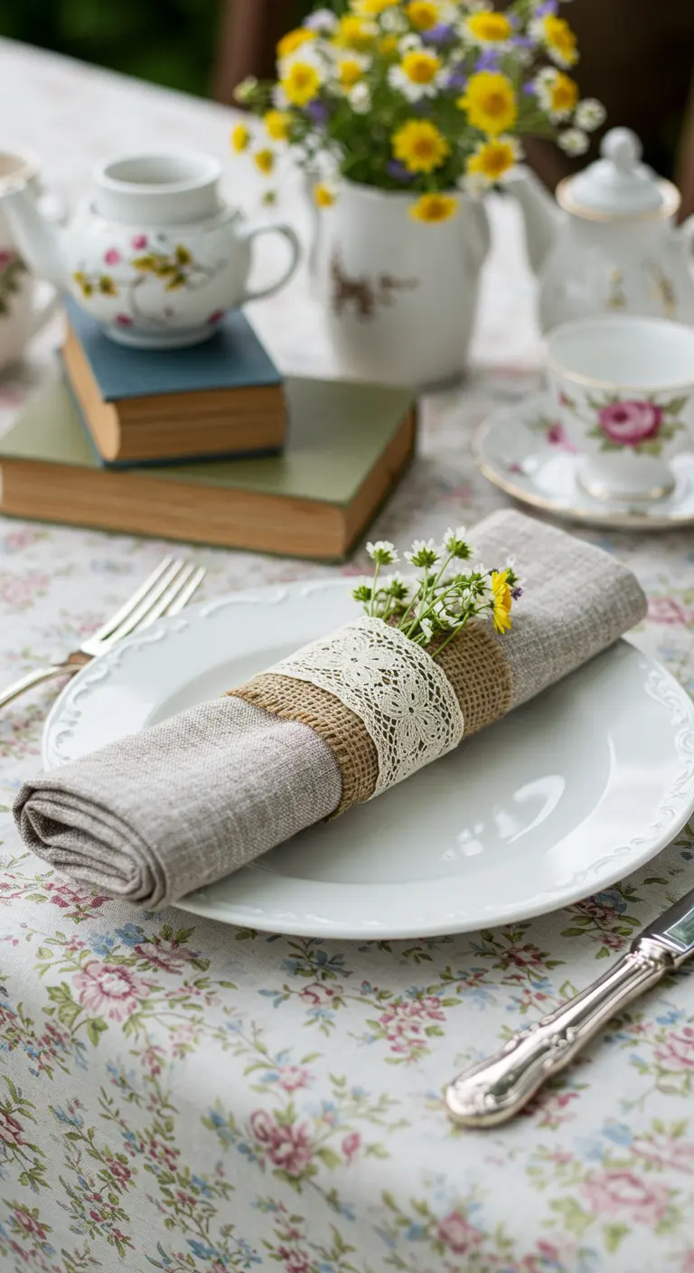 Serviette en lin avec un rond de serviette DIY en jute et dentelle.