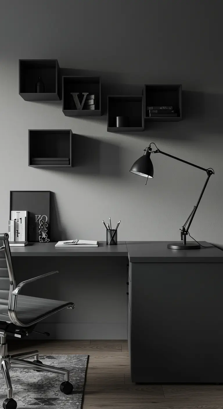 Bureau d'angle minimaliste entièrement gris foncé avec des étagères cubiques noires au mur.