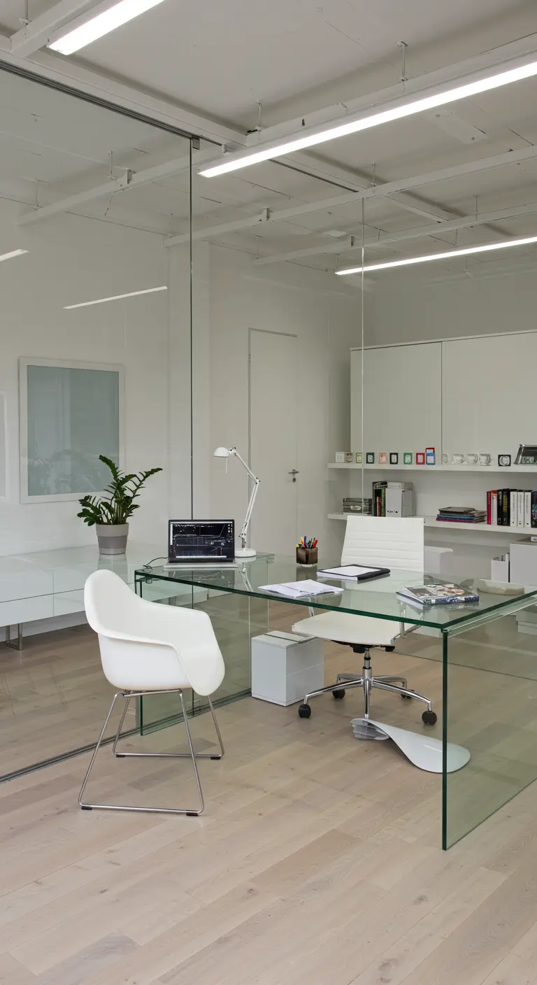 Bureau en verre transparent dans un espace de travail moderne avec des murs en verre.