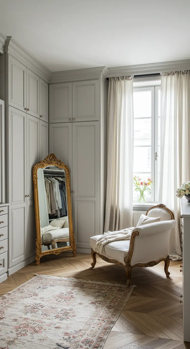 Dressing aux tons gris avec un miroir doré orné et une méridienne blanche.