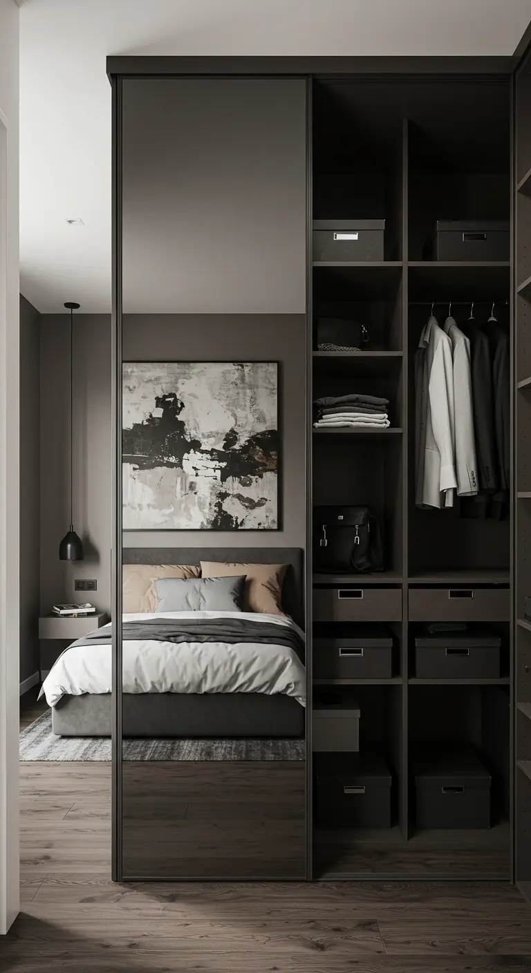 Dressing sombre avec une porte coulissante miroir reflétant la chambre.