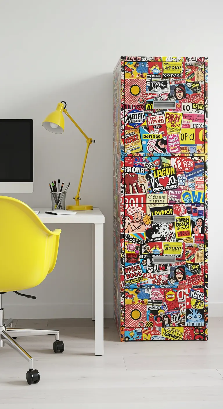 Classeur métallique recouvert d'un collage de stickers de style bande dessinée pop art.