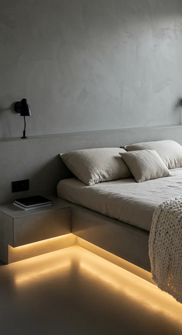 Une structure en béton ciré englobe le lit et les tables de chevet, avec un éclairage LED en dessous.
