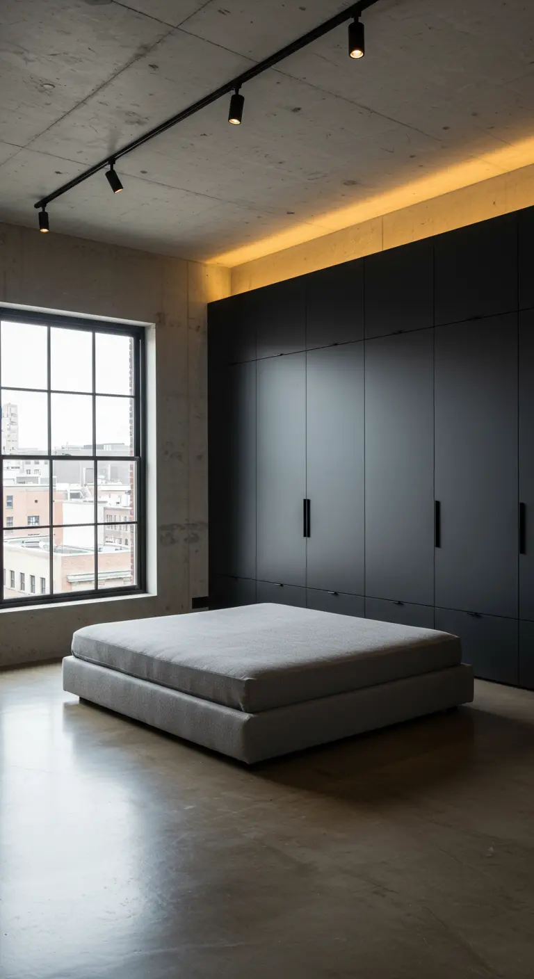 Chambre de style industriel avec un grand placard noir mat et un lit plateforme.