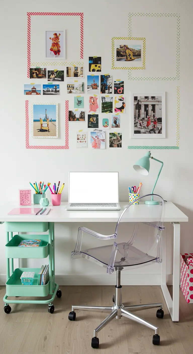 Mur de photos colorées encadrées de washi tape au-dessus d'un bureau blanc.