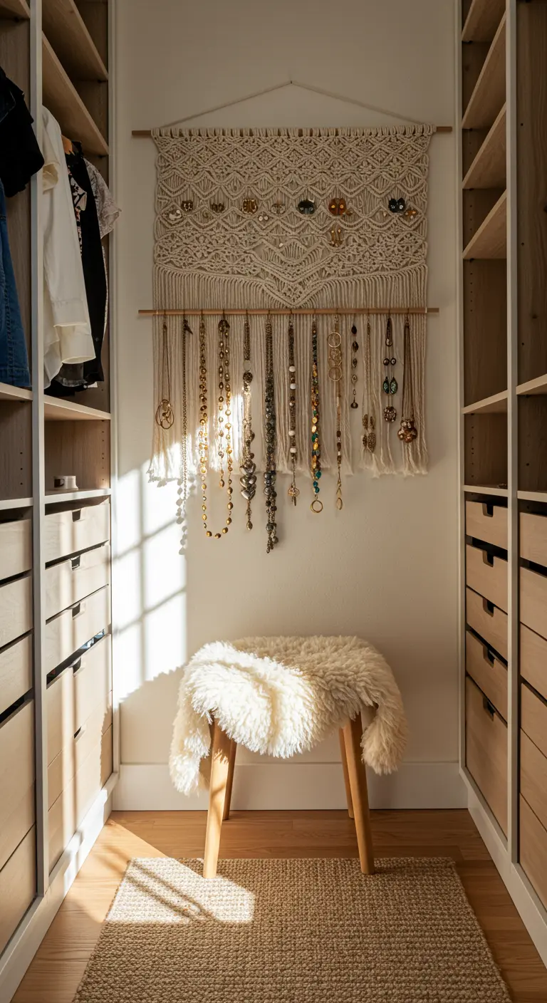 Rangement à bijoux mural en macramé dans un dressing en bois clair.