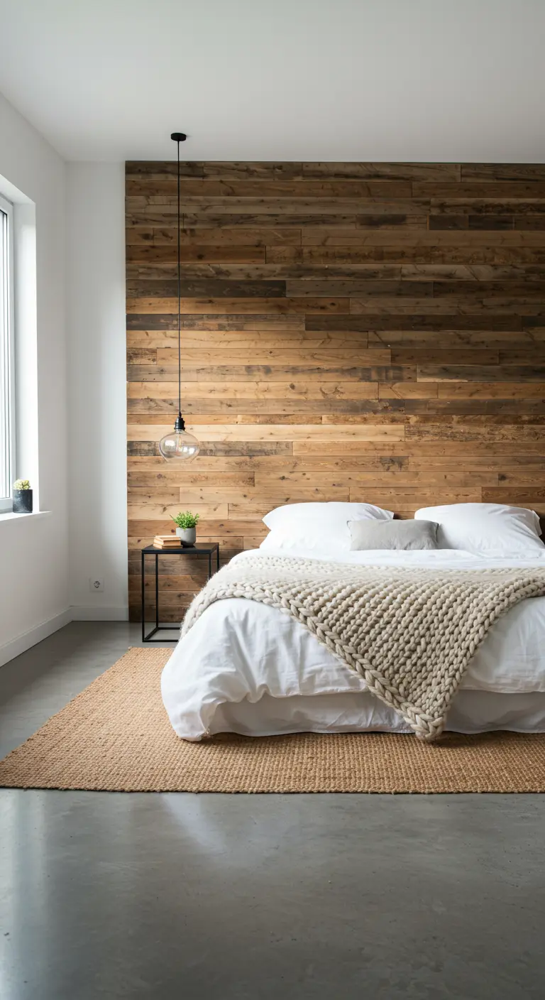Chambre minimaliste avec un mur d'accent en lattes de bois récupéré derrière le lit.