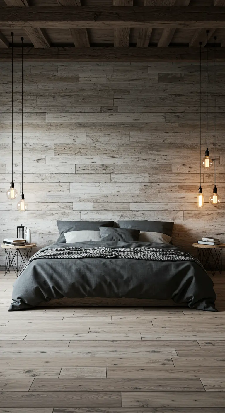 Chambre avec un mur en lattes de bois, un lit gris et des ampoules suspendues.
