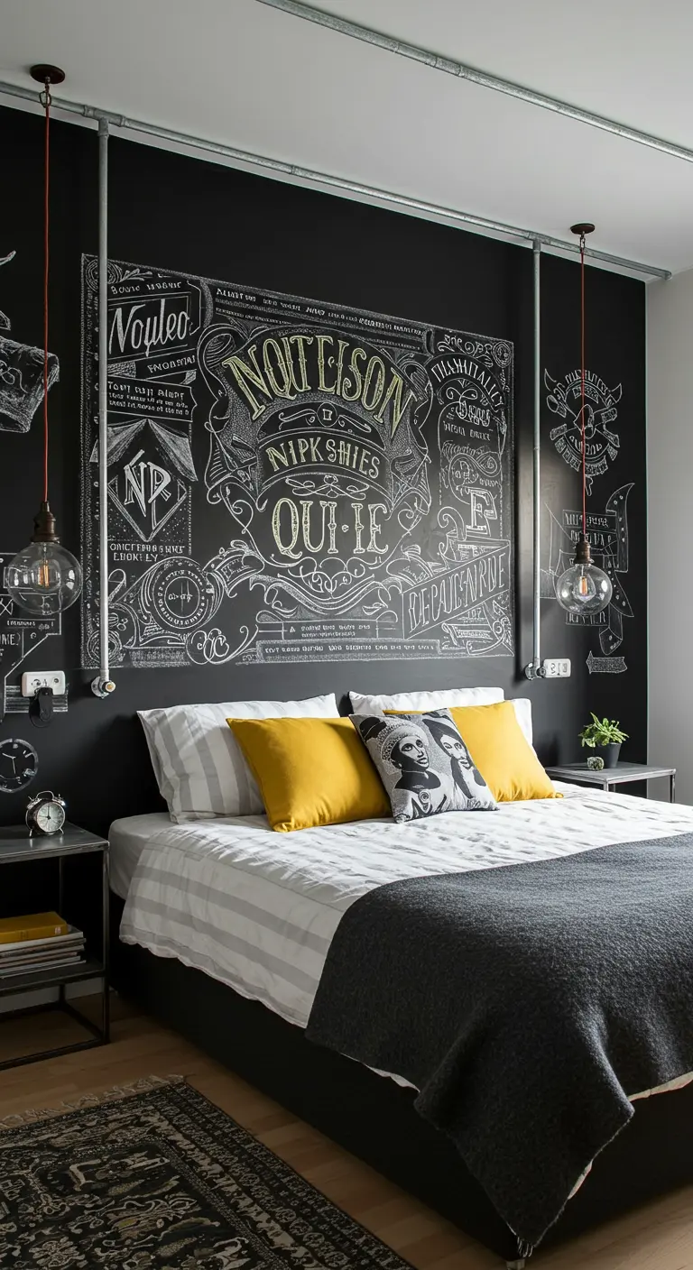 Tête de lit dessinée à la craie sur un mur peint en noir ardoise, style typographique.