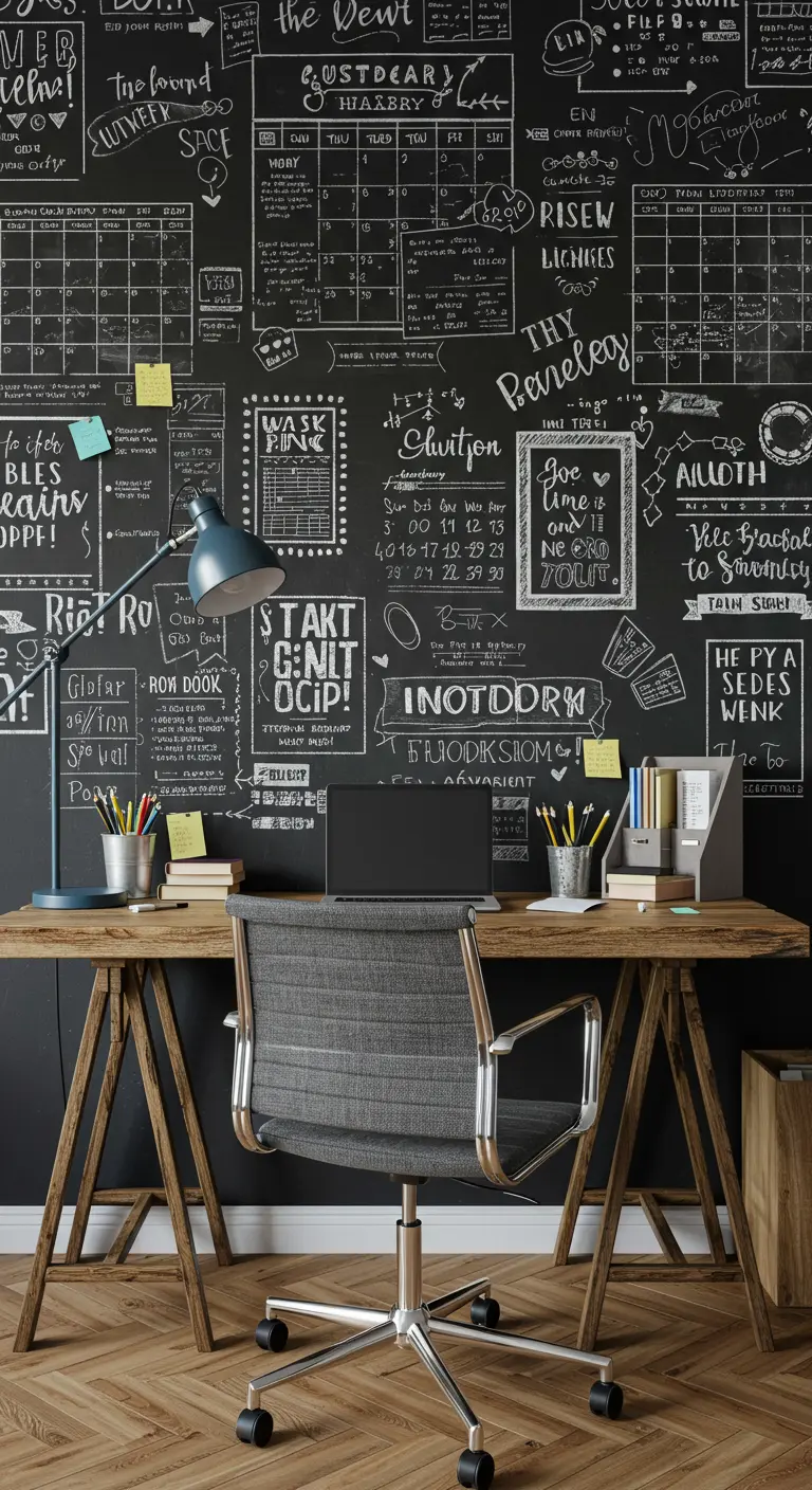Un mur entier recouvert de peinture ardoise et de notes manuscrites derrière un bureau.