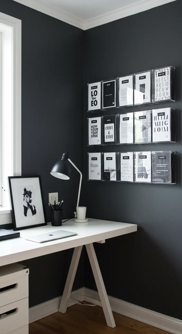 Bureau blanc et noir devant un mur sombre avec des porte-revues muraux en acrylique.