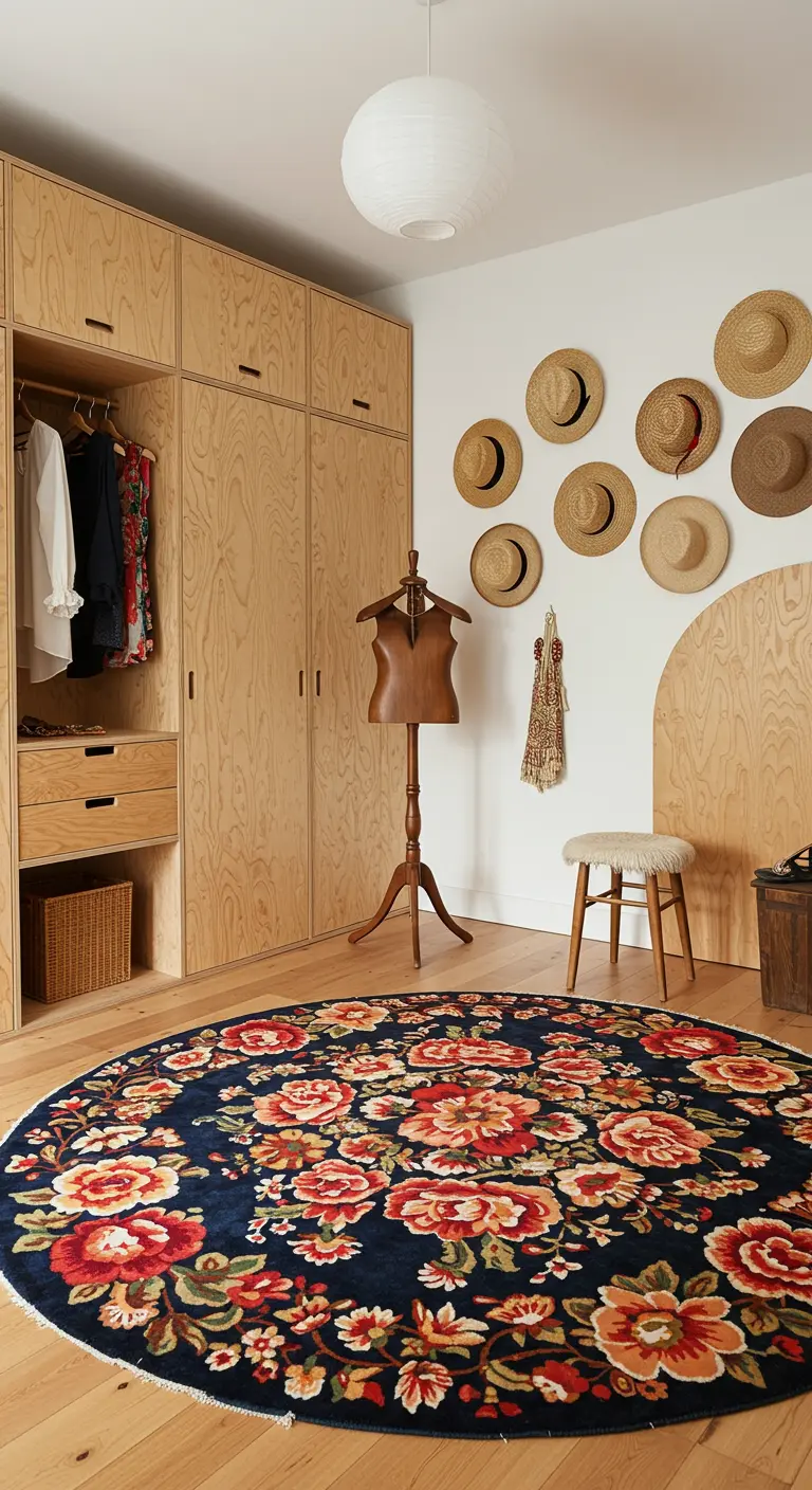 Plusieurs chapeaux de paille accrochés au mur comme décoration au-dessus d'un tabouret.