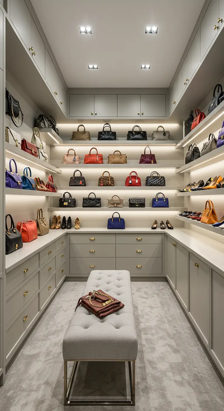 Dressing avec un mur entier d'étagères illuminées pour exposer une collection de sacs.
