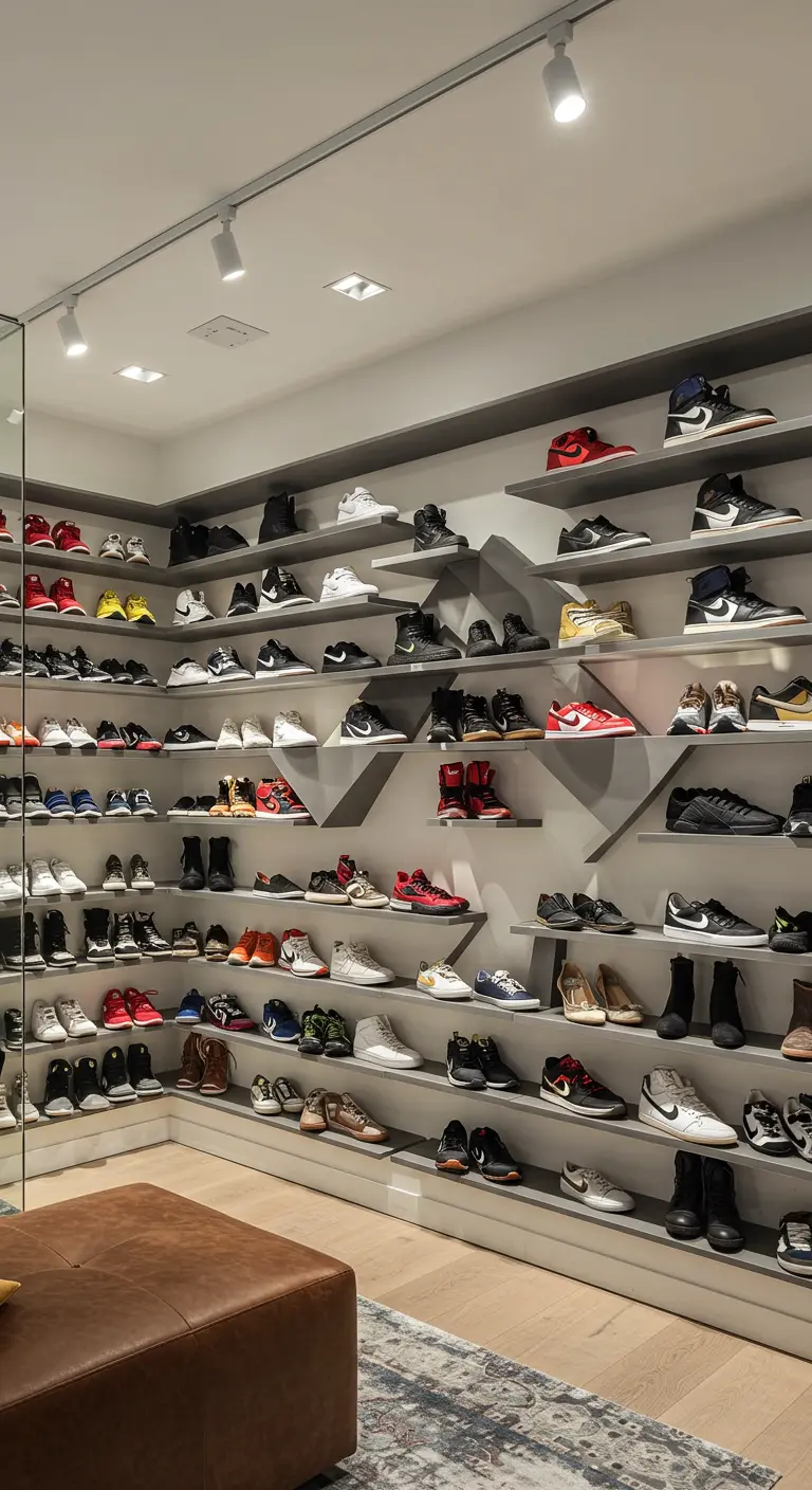 Un mur entier recouvert d'étagères grises exposant une grande collection de sneakers.