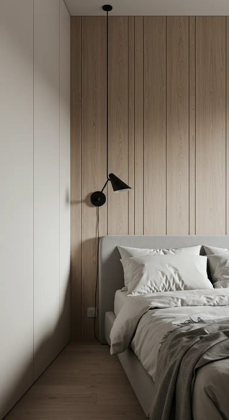 Mur d'accent en lattes de bois derrière un lit gris dans une chambre moderne.