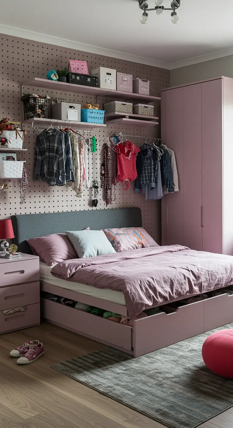 Chambre d'ado avec un grand mur de panneaux perforés servant d'étagères et de rangement mural.