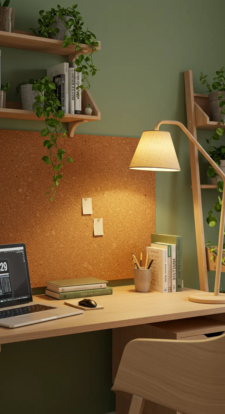 Bureau en bois clair avec un grand mur en liège et une lampe à poser design.