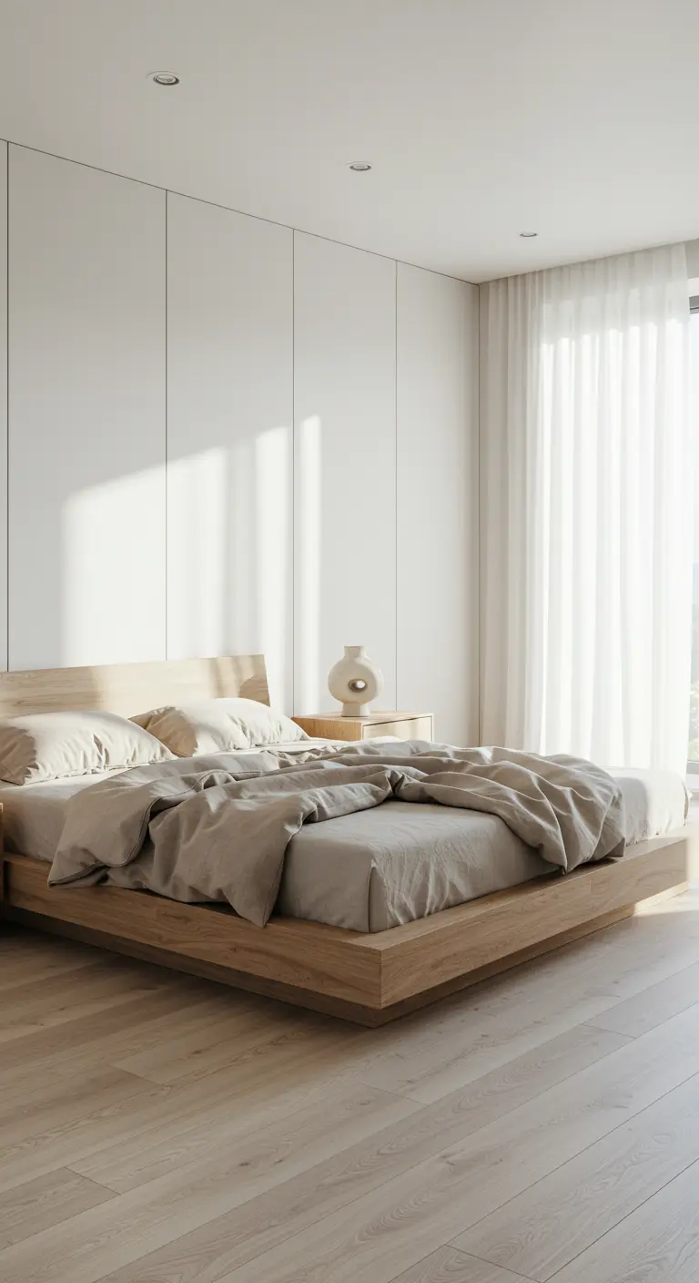 Chambre minimaliste avec un mur de placards blancs et un lit en bois bas.