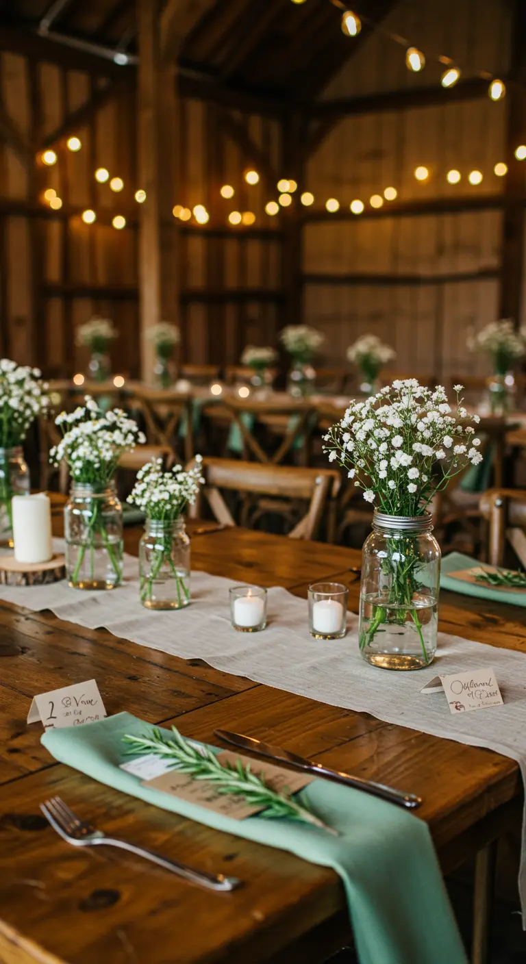 Serviette verte avec romarin sur une table en bois rustique de mariage.