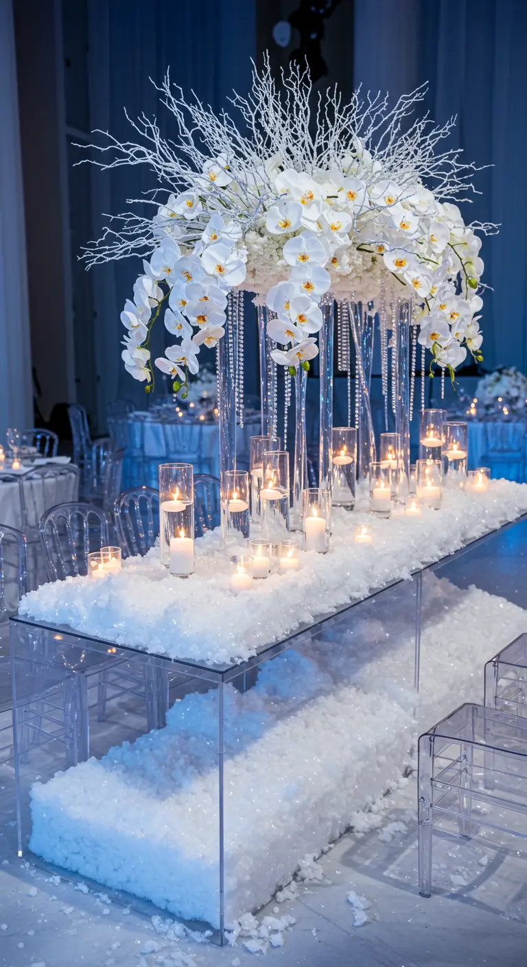 Centre de table spectaculaire avec orchidées blanches et branches givrées.