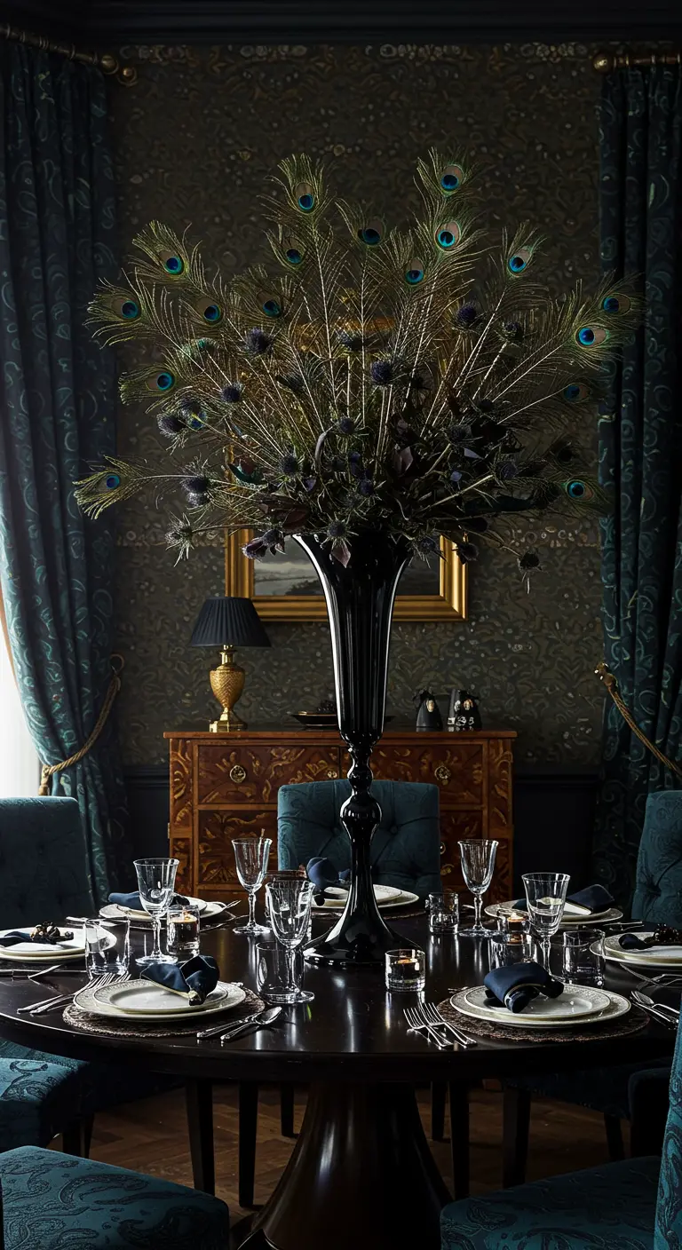 Un grand vase noir rempli de plumes de paon et de chardons sur une table de dîner formelle.