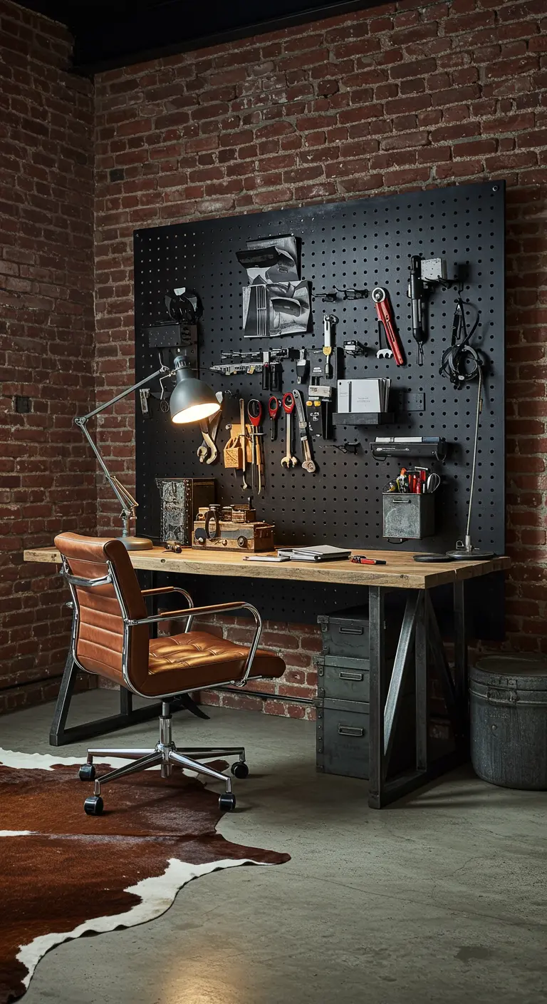 Bureau industriel avec un grand panneau perforé noir organisant des outils.