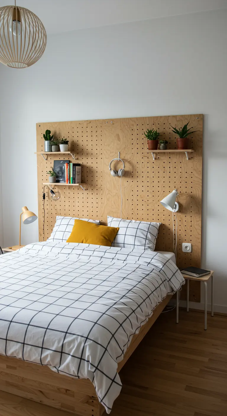 Tête de lit en panneau de bois perforé (pegboard) avec étagères et objets décoratifs.