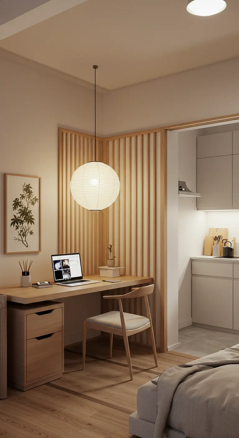 Bureau en bois clair dans un coin, séparé par une cloison ajourée en bois.