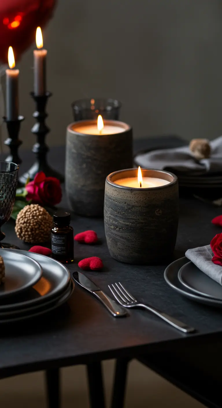 Décoration de table sombre et romantique avec de grandes bougies parfumées.